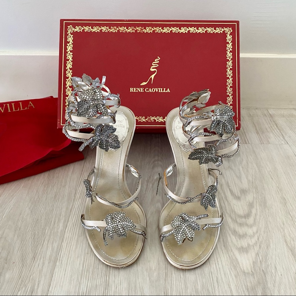 Rene Caovilla Silver Flower Snake-Wrap Sandals Size 36